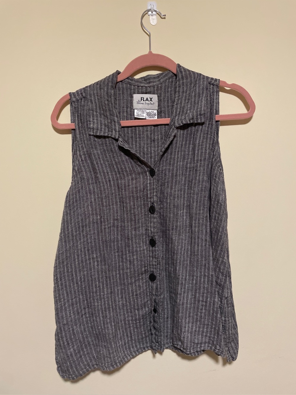 Flax Gray Striped Sleeveless Button-Down Linen Top